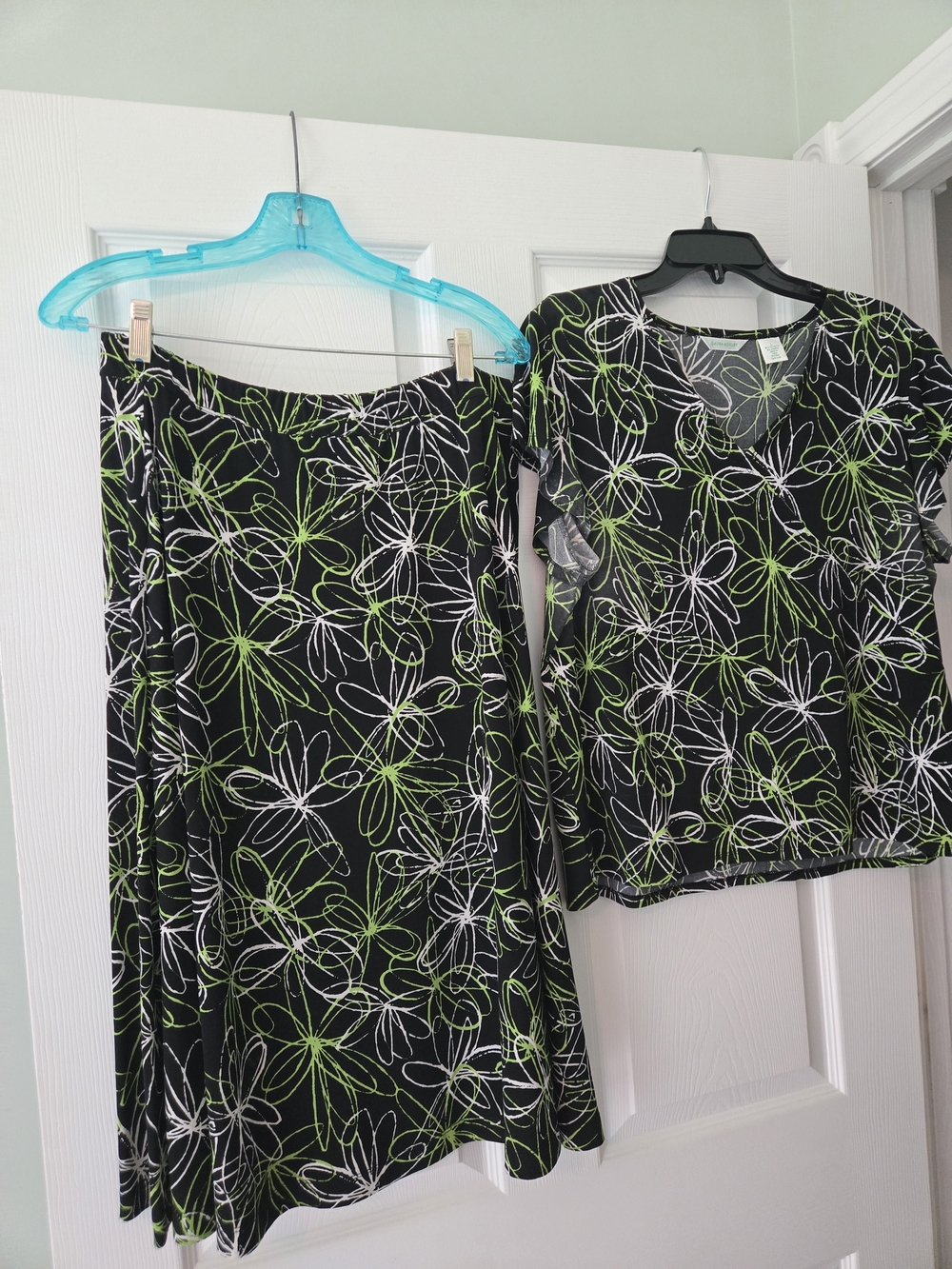 Laura Ashley Black Skirt Set with Green & White Floral Outline